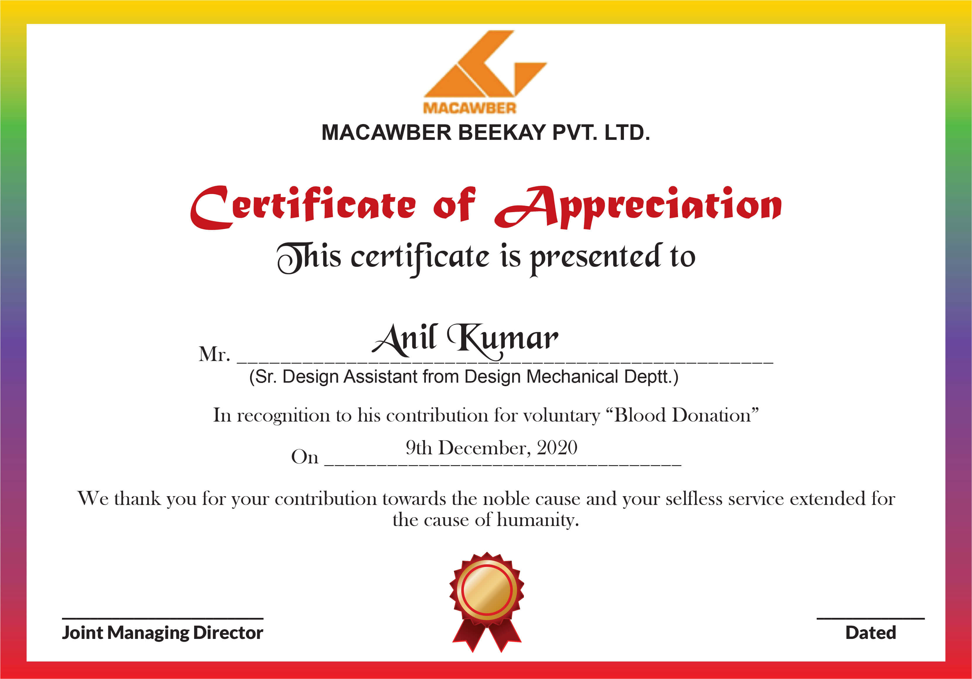 Blood Donation Certificate