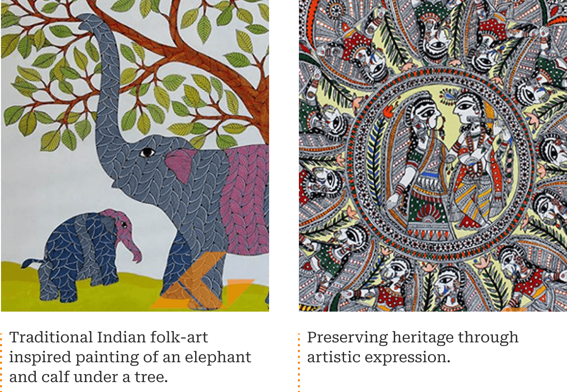 Left side: Traditional Indian folk-art inspired painting of an elephant and calf under a tree, Right side: Preserving heritage through artistic expression.